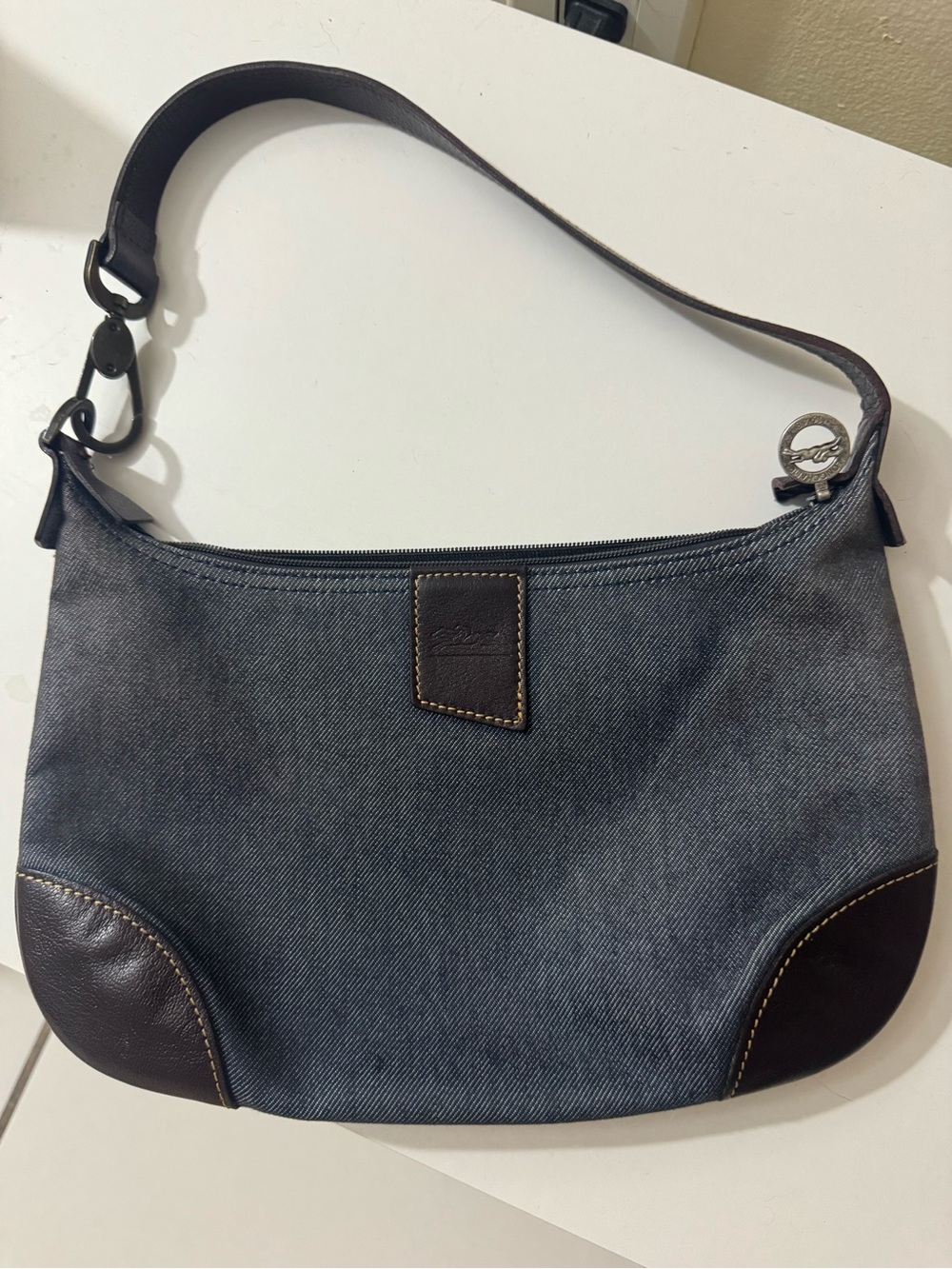 Longchamp Denim Shoulder Bag with Dark Brown Trim